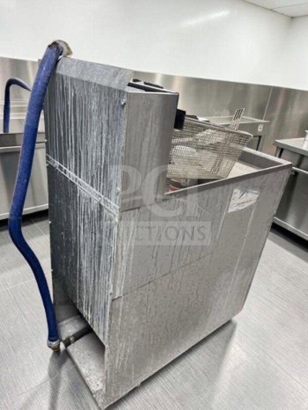 Blue Lava BLF3-NG commercial natural gas deep fryer, 3-burner floor model, superior condition, fully tested and operational.