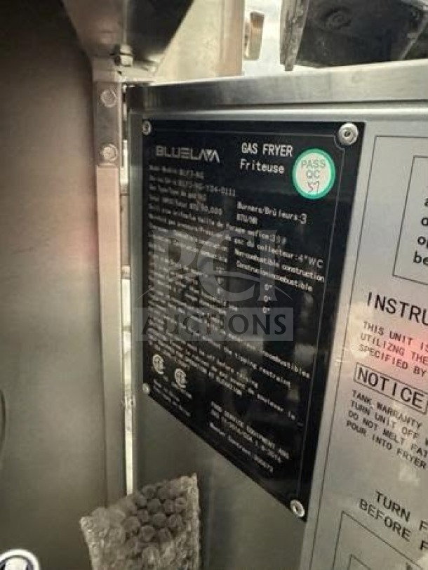 Blue Lava BLF3-NG gas fryer label detailing specifications and safety information. Model: BLF3-NG, passed QC.