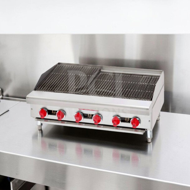 Blue Lava BLGM24-24D 24" commercial gas griddle in top-tier condition. Stainless steel, red knobs, 60,000 BTU. Fully tested.
