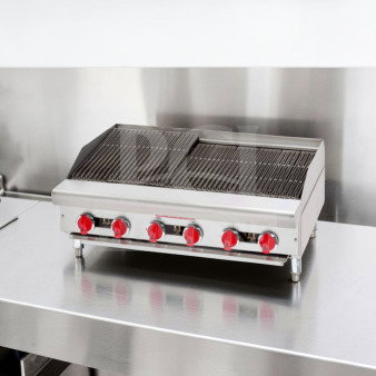 Blue Lava BLGM24-24D 24" commercial gas griddle in top-tier condition. Stainless steel, red knobs, 60,000 BTU. Fully tested.