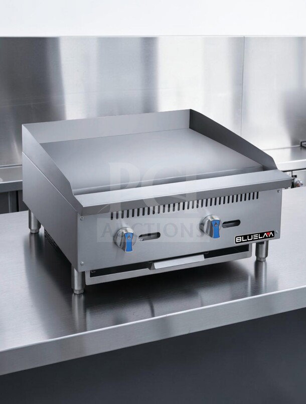 Blue Lava BLGM24-24D 24" gas griddle, 60,000 BTU, stainless steel, top-tier condition, fully tested, commercial use.