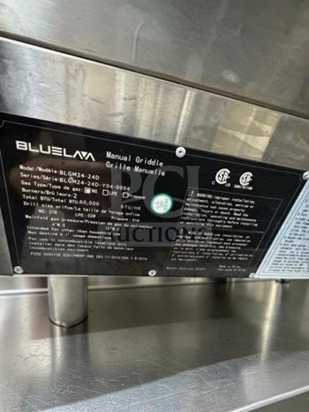 Blue Lava BLGM24-24D commercial gas griddle, 24", stainless steel, 60,000 BTU, fully tested, model tag visible.