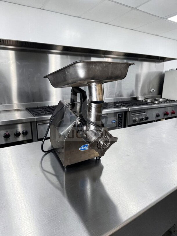 Globe Chefmate CC12 meat grinder, 1 HP, #12 head, 250 lb/hr, stainless steel, tested, operational, excellent condition.