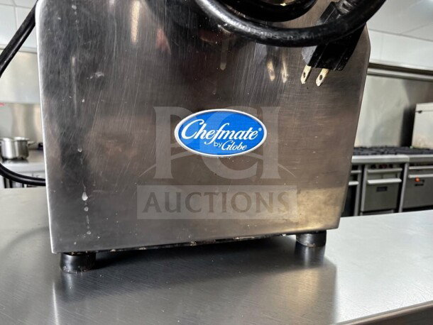 Globe Chefmate CC12 meat chopper grinder, stainless steel, #12 head, 1 HP, 250 lb/hr capacity, Chefmate by Globe logo visible.
