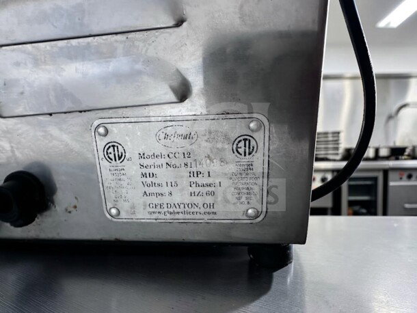 Globe Chefmate CC12 meat grinder label, 1 HP, model CC12, serial 814008, 115V, 8A, ETL certified, outstanding condition.