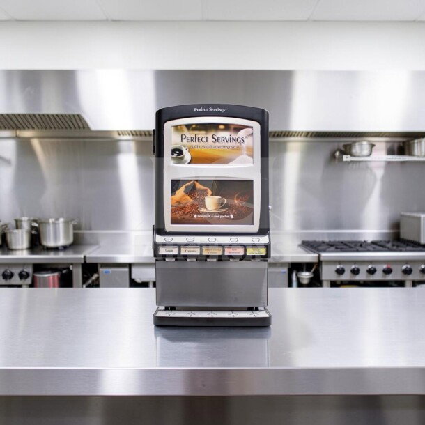 Pristine Perfect Servings UV-PSPD-5-AV-BL-T-B coffee condiment dispenser; 5-select LED, new/open box, commercial use ready.