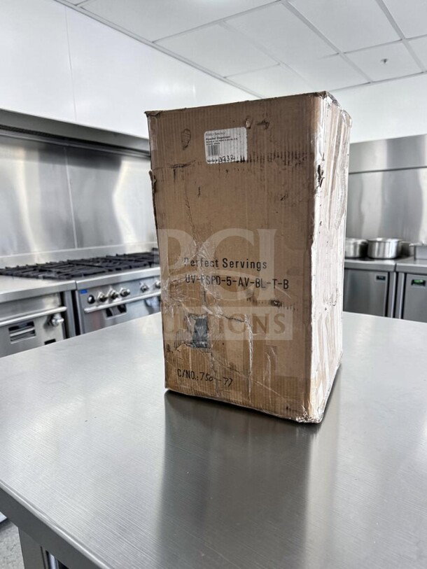 New Perfect Servings 5-Select Coffee Condiment Dispenser, model UV-PSPD-5-AV-BL-T-B, in open box for auction.