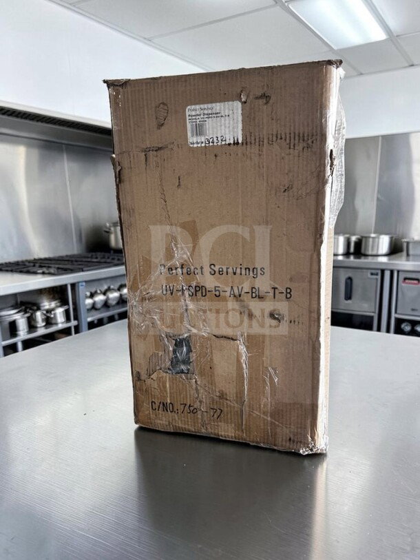 Cardboard box of Perfect Servings UV-PSPD-5-AV-BL-T-B coffee condiment powder dispenser, new/open box condition.