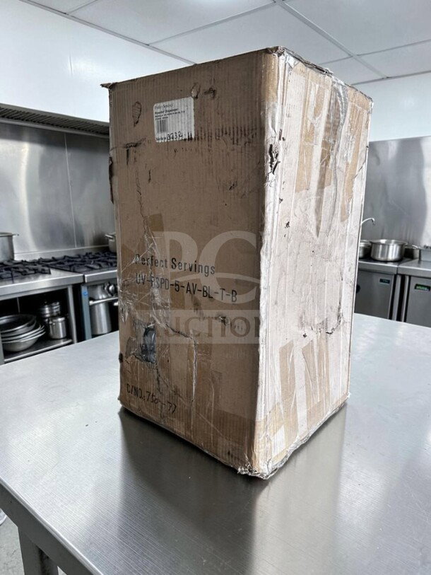 Perfect Servings UV-PSPD-5-AV-BL-T-B coffee condiment dispenser in box; new/open box, ready for commercial use.