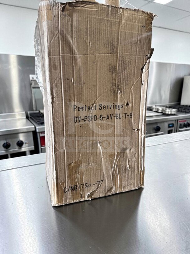 Pristine Perfect Servings UV-PSPD-5-AV-BL-T-B coffee condiment dispenser in open box, ready for commercial use.