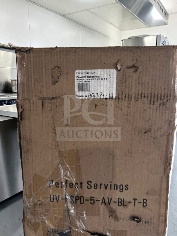 Perfect Servings coffee condiment dispenser box, model UV-PSPD-5-AV-BL-T-B, new/open box, serial #3232.