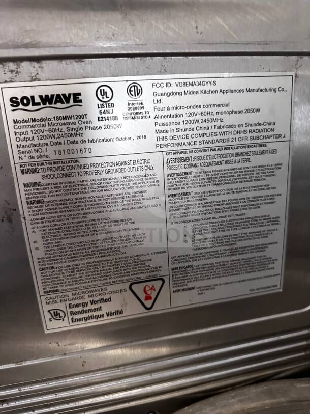 Solwave 180MW1200T commercial microwave oven label, 120V, 1200W, UL & ETL listed, model details, warnings, manufacture date.