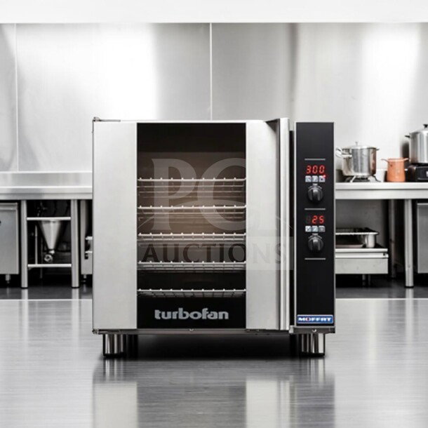 Moffat E32D5 Turbofan electric convection oven, prime condition, 208V/1PH, 5.8 kW, NSF & ETL listed, fully operational.
