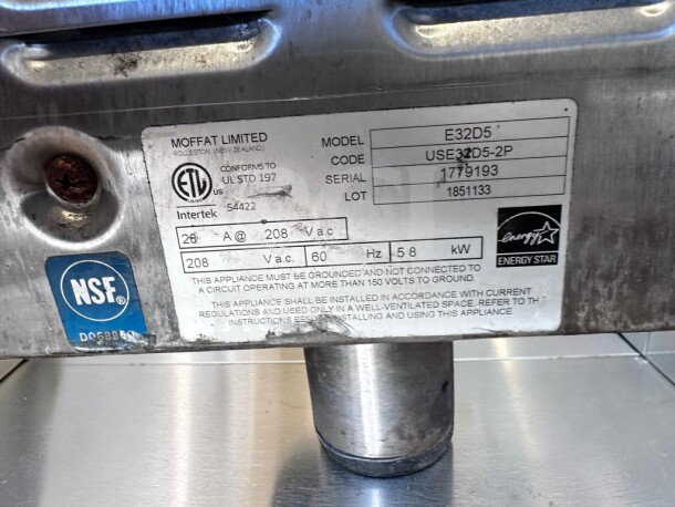 Moffat E32D5 Turbofan Convection Oven label showing model, voltage, NSF/ETL listings, test markings, and energy specifications.