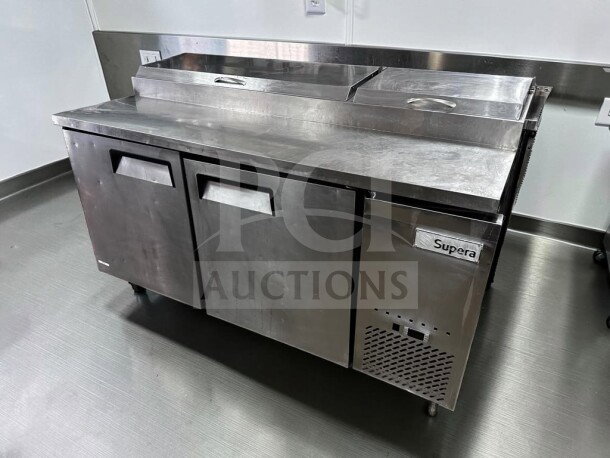 Supera PPT2R-1 67" commercial refrigerated pizza prep table, stainless steel, dual doors, optimal condition, fully tested.