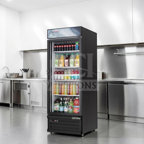 Everest EMGR24B glass door merchandiser refrigerator, 25 cu. ft., immaculate condition, NSF & ETL listed, fully operational.
