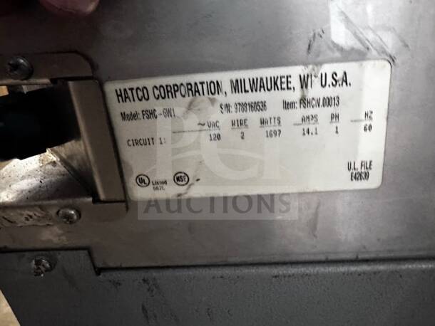 Hatco FSHC-6W1 heated holding cabinet label, showing model, 120V specs, UL and NSF listed, indicating full functionality.