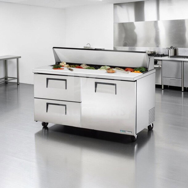 True TSSU-60-16D-2 refrigerated prep table, stainless steel, right door, two drawers, excellent condition. NSF, UL listed.