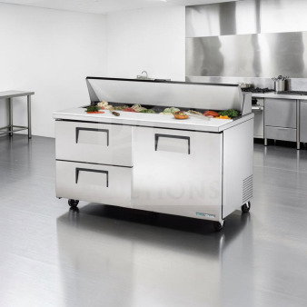 True TSSU-60-16D-2 refrigerated prep table, stainless steel, right door, two drawers, excellent condition. NSF, UL listed.