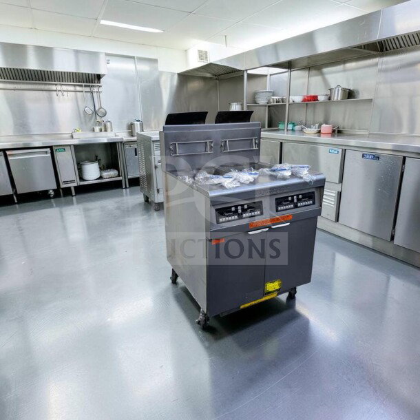 Frymaster FPP245 commercial gas fryer battery with split pots and built-in filtration system in prime condition, fully operational.
