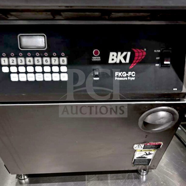 BKI FKG-FC Commercial Gas Pressure Fryer, 24" wide, 18 lb capacity, stainless steel. Fully tested, operational, excellent condition.