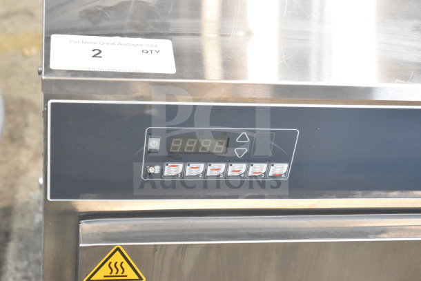 "Brand new Alto Shaam 750-S mobile holding cabinet, 2023 model. Holds 10 pans, 120V, 1 phase. Scratch and dent condition. Control panel and QTY tag visible."
