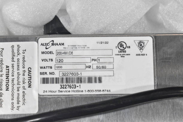 Label on 2022 Alto Shaam 200-HWI/D6 commercial hot food well, showing model, voltage, and UL listing details.