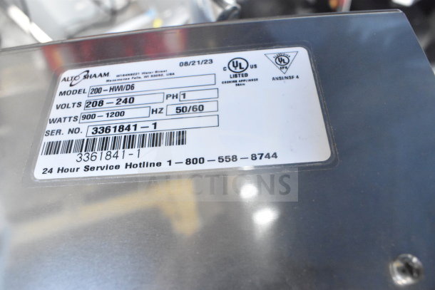 Brand new 2023 Alto Shaam 200-HWI/D6 drop-in hot food well label; 208-240V, 1 phase, UL listed. Serial No. 3361841-1.