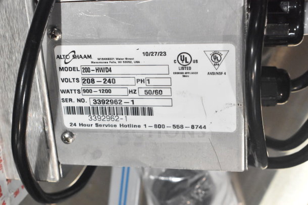 BRAND NEW Alto Shaam 200-HW/D4, commercial two-pan drop-in hot food well, 208-240V, 1 phase, label view.