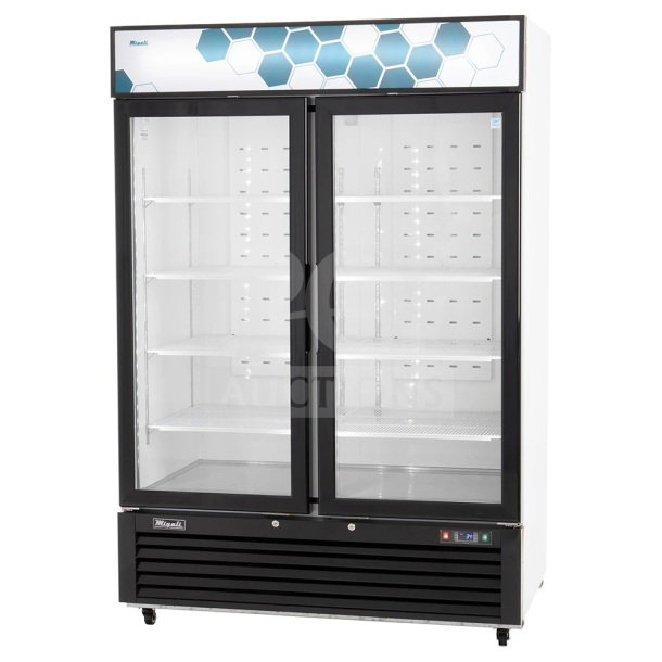 "2023 Migali C-49RM-HC commercial 2-door cooler, brand new scratch and dent, on casters, 115V 1-phase, serial C-49RM-HC003230221092C0001."