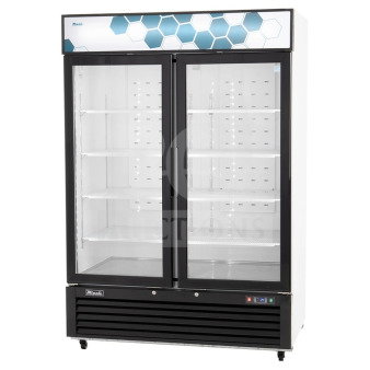 "2023 Migali C-49RM-HC commercial 2-door cooler, brand new scratch and dent, on casters, 115V 1-phase, serial C-49RM-HC003230221092C0001."