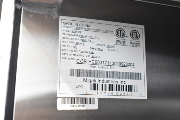 "Label on Migali C-3R-HC Commercial Cooler showing model, serial number, 115V, 1 phase, 2017 manufacture date, and specs."