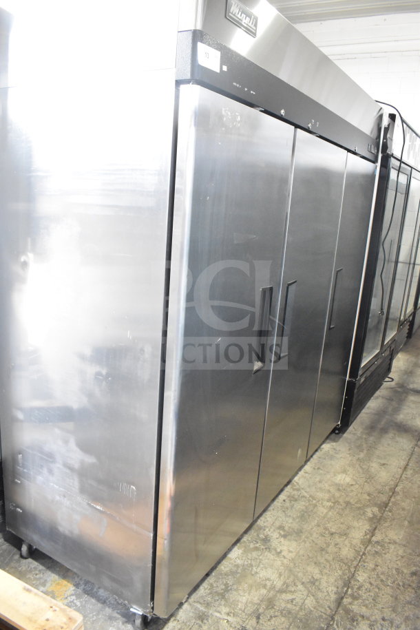 Brand new Migali C-3R-HC commercial 3-door reach-in cooler, 2017 model, 115 volts, with minor scratches and dents.