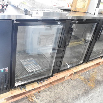 Avantco 178UBB4GHC black counter height bar refrigerator, glass doors, LED lighting, 115V, new scratch and dent model.
