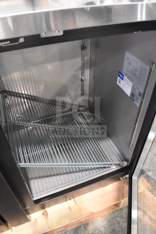 Brand new Avantco 178UBB4GHC commercial black counter height glass door refrigerator with LED lighting, scratch and dent condition.