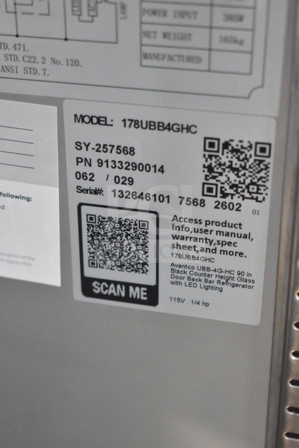 Label on Avantco 178UBB4GHC Commercial Bar Refrigerator, showing model, serial number, and QR code for product info.