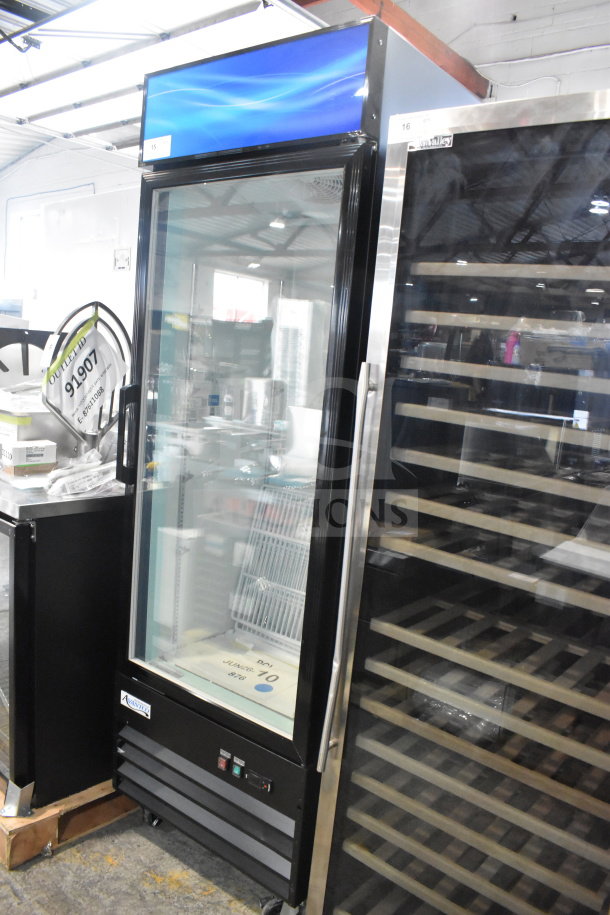 Brand new 2025 Avantco 178GDC12FHCB black glass door merchandiser freezer. LED lighting, commercial casters, 115V, 1 Phase.