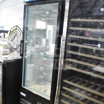 Brand new 2025 Avantco 178GDC12FHCB black glass door merchandiser freezer. LED lighting, commercial casters, 115V, 1 Phase.