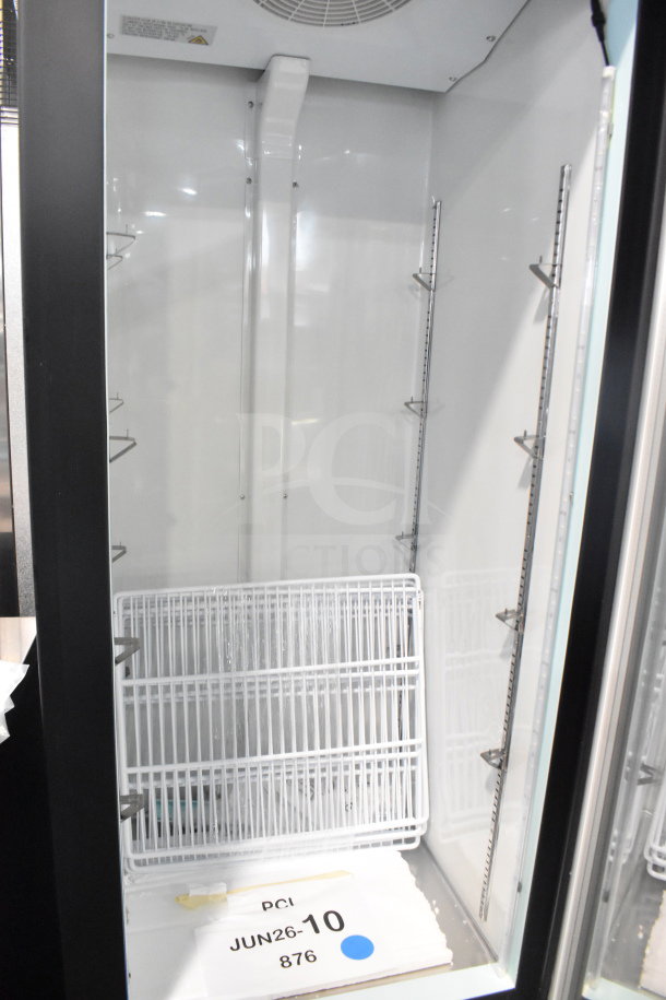 Brand new Avantco 178GDC12FHCB commercial merchandiser freezer, black swing glass door, LED lighting, on casters. 115 Volts.