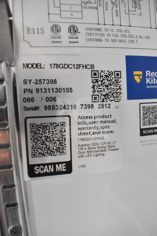 Avantco model 178GDC12FHCB label showing product info, specs, and certifications. Commercial merchandiser freezer, 115V.