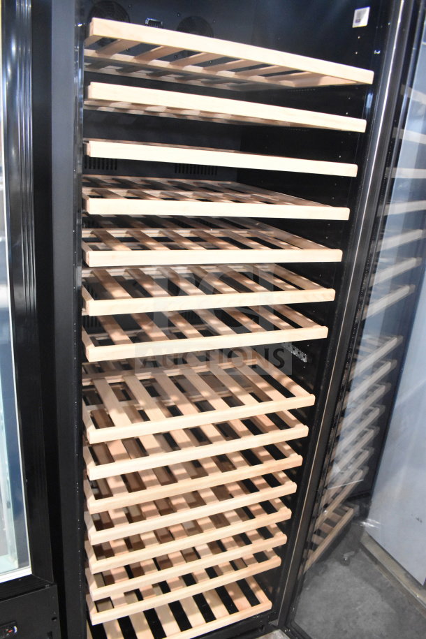 Brand new AvaValley 342WRC220SZ commercial wine cooler with full glass door, single temperature, wood racks, 115V, 1 Phase.