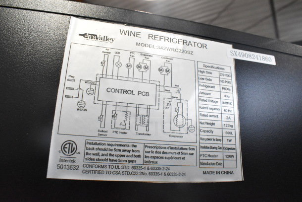 AvaValley model 342WRC220SZ wine cooler label with specs like 115V, 600L capacity, and R600a refrigerant. Made in China.