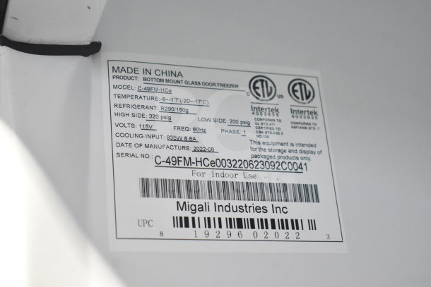 Migali C-49FM-HCe freezer label showing model, serial number (C-49FM-HCe003220623092C0041), voltage, and phase details.