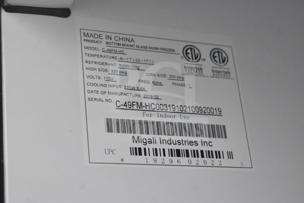 Migali C-49FM-HC label detailing model, voltage, refrigerant, and serial number, manufactured 2019, indoor use.