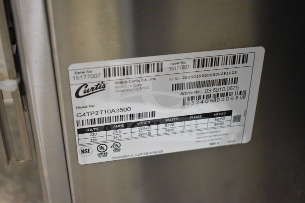 BRAND NEW Curtis G4TP2T10A3500 Coffee Brewer, 220V, commercial model label, serial 15177007, specs detailed.
