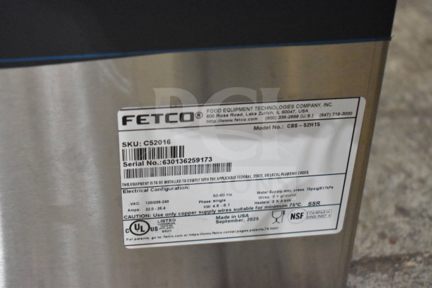 BRAND NEW SCRATCH AND DENT Fetco CBS-52H15 Twin Automatic Coffee Brewer, 120/208-240V, details label shown.