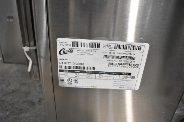 BRAND NEW Curtis G4TP2T10A3500 Commercial G4 ThermoPro Twin 1.5 Gallon Coffee Brewer, 220V, 1 Phase, shelf included.