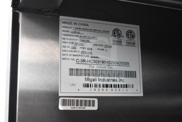 Migali C-3R-HC cooler label, model C-3R-HC, 115V, made in 2018, includes serial and manufacturing details.