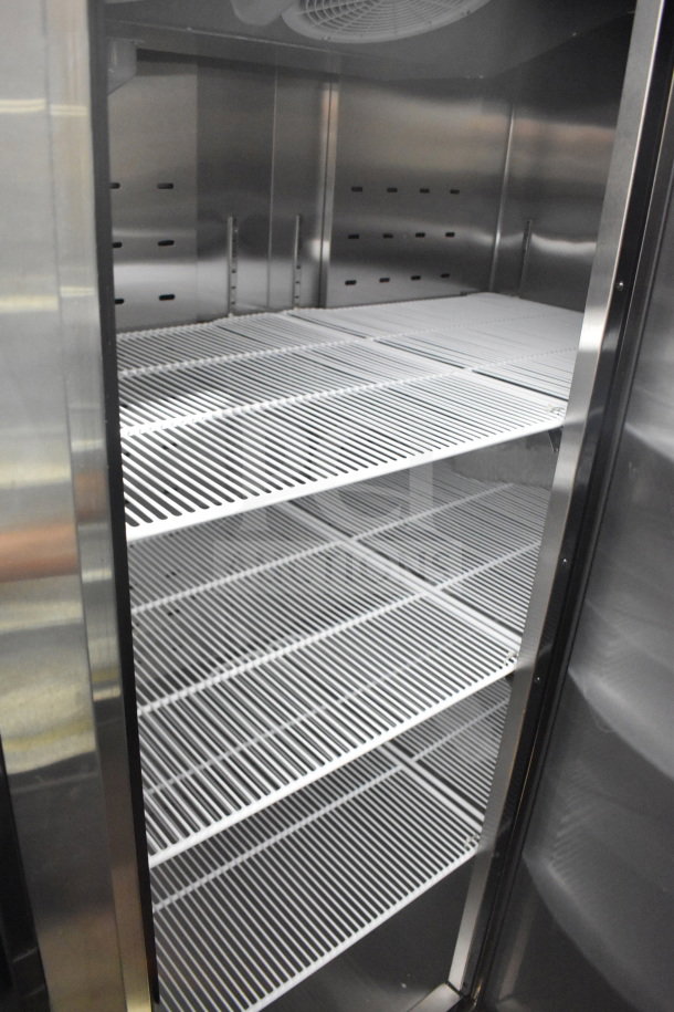 Brand new 2018 Migali C-3R-HC commercial 3-door reach-in cooler, featuring wire shelves and stainless steel interior.