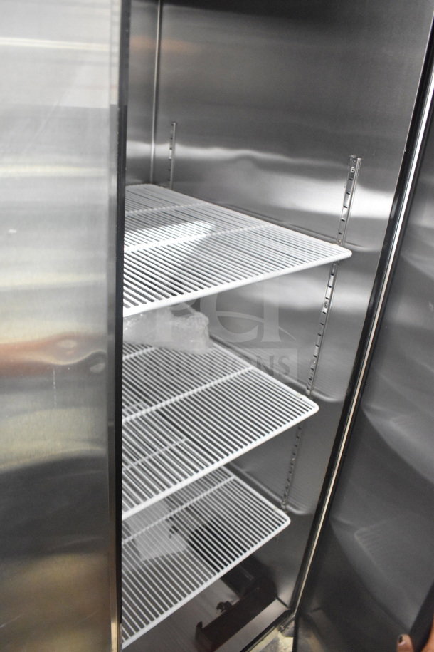 Brand new 2018 Migali C-3R-HC 3 Door Reach-In Cooler, scratch and dent, on commercial casters, 115V, 1 Phase.